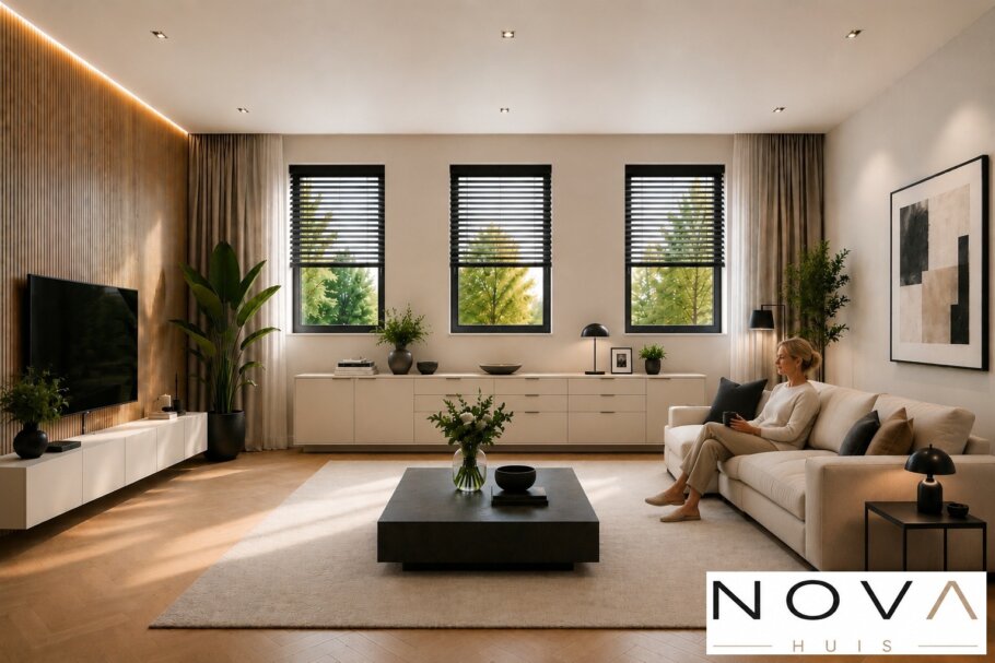 Modern interieur voor woning A-60 met woonkamer, leefkeuken, badkamer en comfortabele slaapkamers