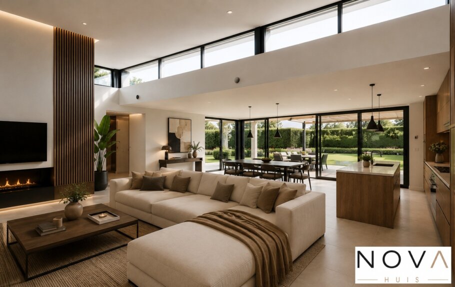Modern interieur met verhoogde woonkamer en luxe leefkeuken
