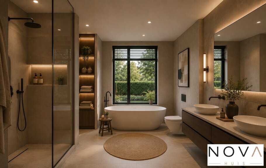 Modern interieur met verhoogde woonkamer en luxe leefkeuken