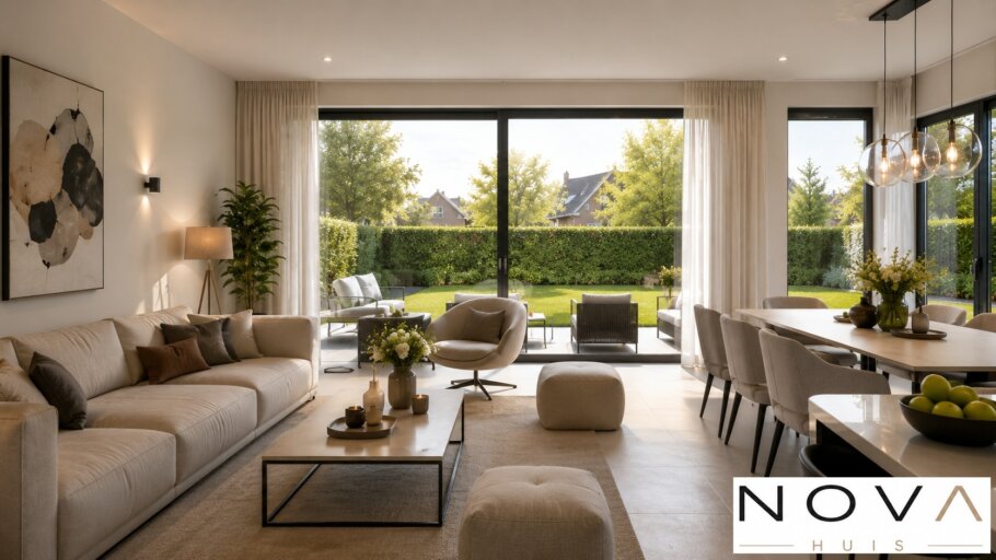 Modern interieur van kubistische woning K-387 met luxe woonkamer, leefkeuken, badkamer en slaapkamer