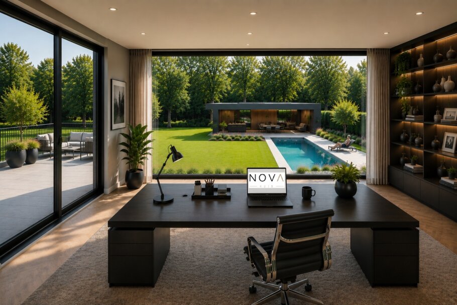 Modern interieur van een luxe levensloopbestendige woning met leefkeuken, badkamer en woonkamer