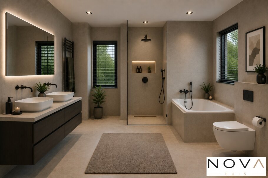 Modern interieur van kubistische woning K-387 met luxe woonkamer, leefkeuken, badkamer en slaapkamer