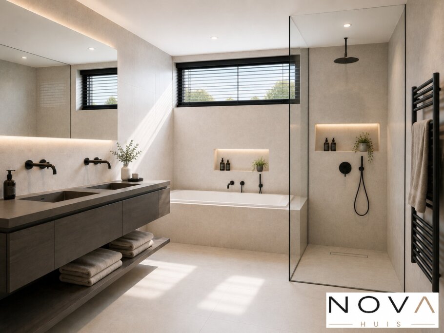 Modern interieur van een luxe levensloopbestendige woning met leefkeuken, badkamer en woonkamer