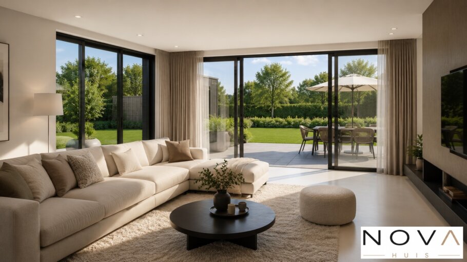 Modern interieur van een luxe levensloopbestendige woning met leefkeuken, badkamer en woonkamer
