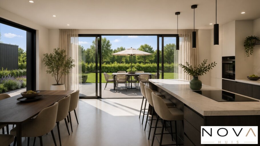 Modern interieur van een luxe levensloopbestendige woning met leefkeuken, badkamer en woonkamer