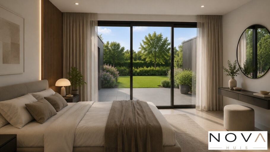 Modern interieur van een luxe levensloopbestendige woning met leefkeuken, badkamer en woonkamer