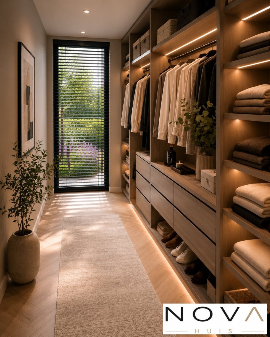 Modern interieur van kubistische woning K-387 met luxe woonkamer, leefkeuken, badkamer en slaapkamer