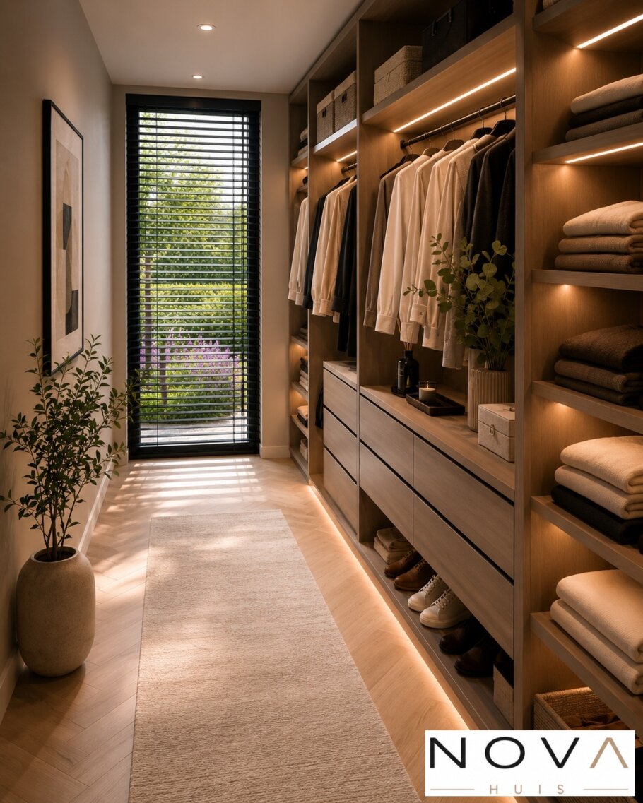 Modern interieur van een luxe levensloopbestendige woning met leefkeuken, badkamer en woonkamer
