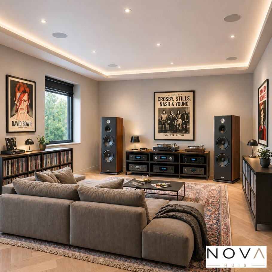 Modern interieur van kubistische woning K-257 met leefkeuken en grote glaspartijen