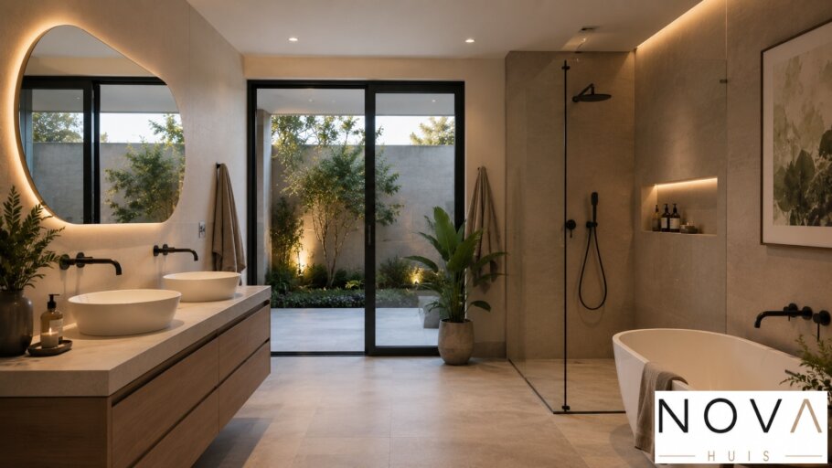 Modern interieur van een luxe gelijkvloerse woning met grote glaspartijen