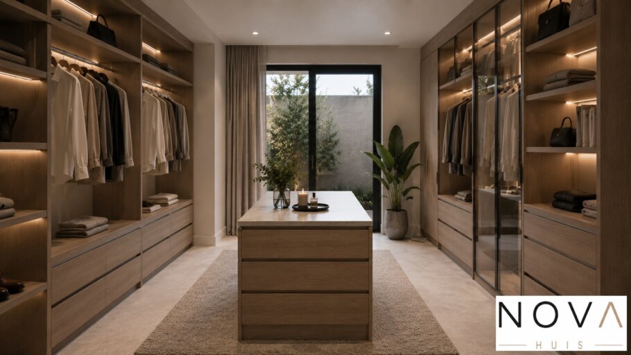 Modern interieur van een luxe gelijkvloerse woning met grote glaspartijen