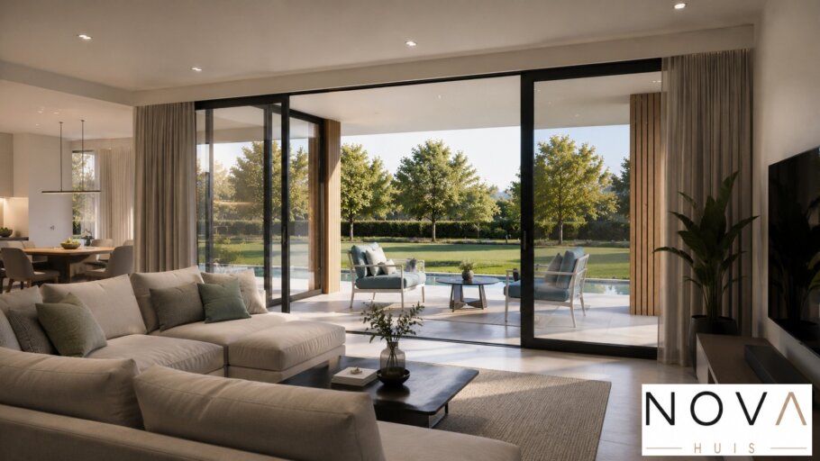 Modern interieur van een luxe gelijkvloerse woning met grote glaspartijen