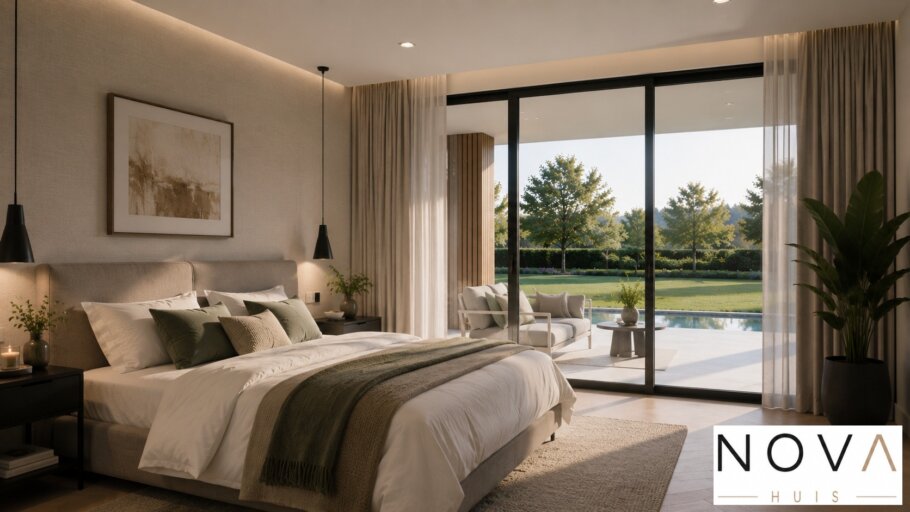 Modern interieur van een luxe gelijkvloerse woning met grote glaspartijen