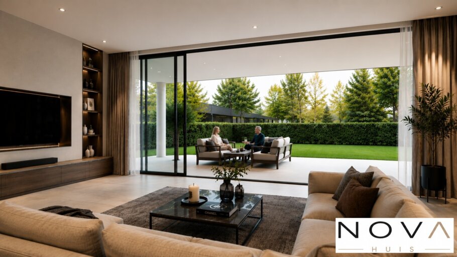Modern interieur van kubistische woning K-92 met luxe woonkamer, leefkeuken, badkamer en slaapkamer