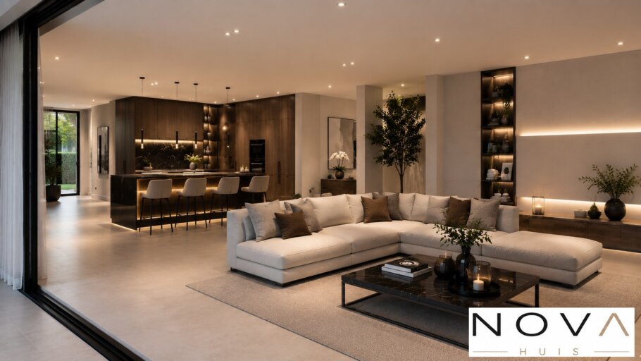 Modern interieur van kubistische woning K-92 met luxe woonkamer, leefkeuken, badkamer en slaapkamer