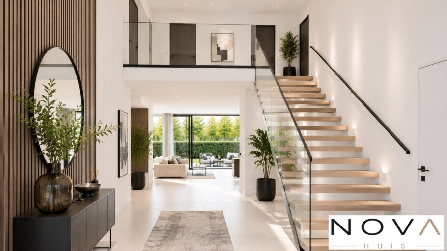Modern interieur van kubistische woning K-92 met luxe woonkamer, leefkeuken, badkamer en slaapkamer