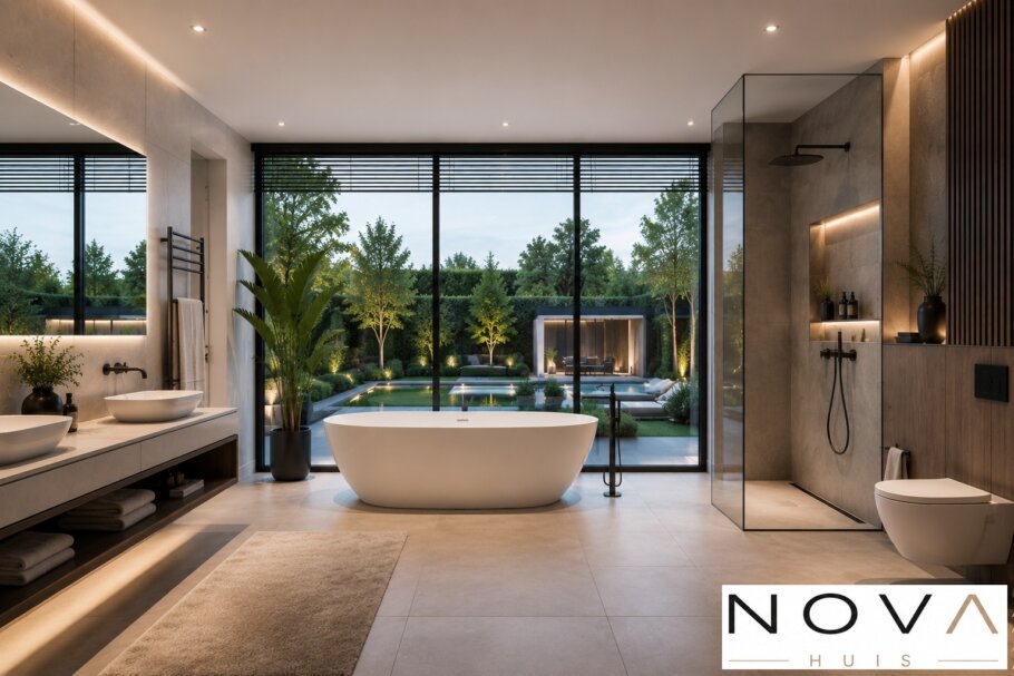 Modern interieur van kubistische woning K-92 met luxe woonkamer, leefkeuken, badkamer en slaapkamer