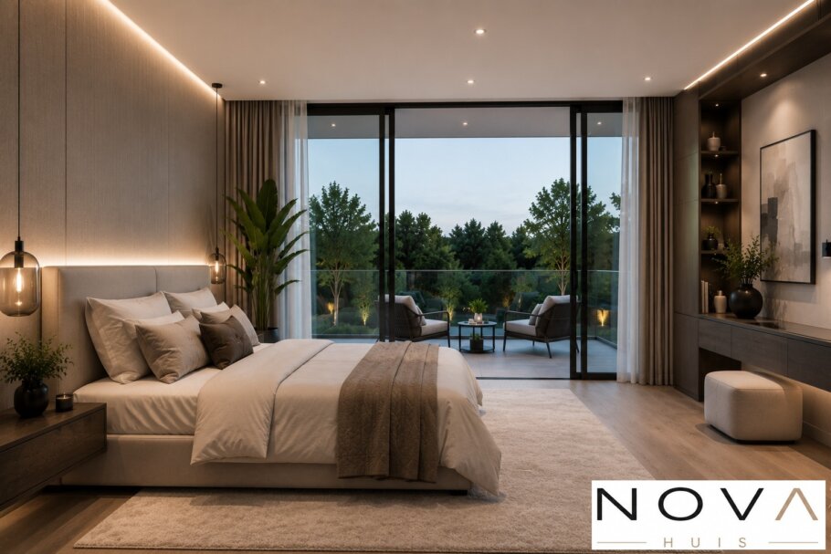 Modern interieur van kubistische woning K-92 met luxe woonkamer, leefkeuken, badkamer en slaapkamer