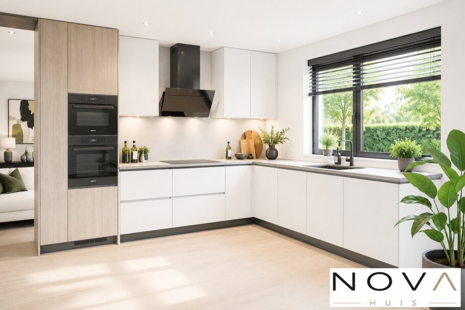 Modern interieur voor woning A-60 met woonkamer, leefkeuken, badkamer en comfortabele slaapkamers
