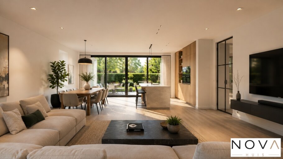 Modern interieur van gelijkvloerse woning A-184 met luxe leefkeuken en woonkamer