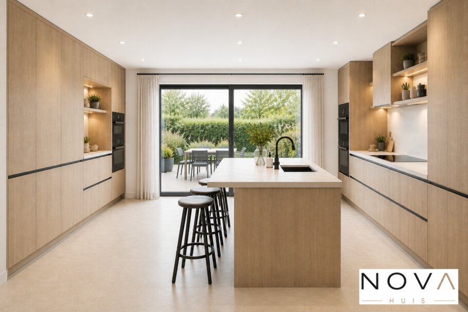 Modern interieur van levensloopbestendige woning A-136 met open keuken, eetkamer en woonkamer met grote glaspartijen