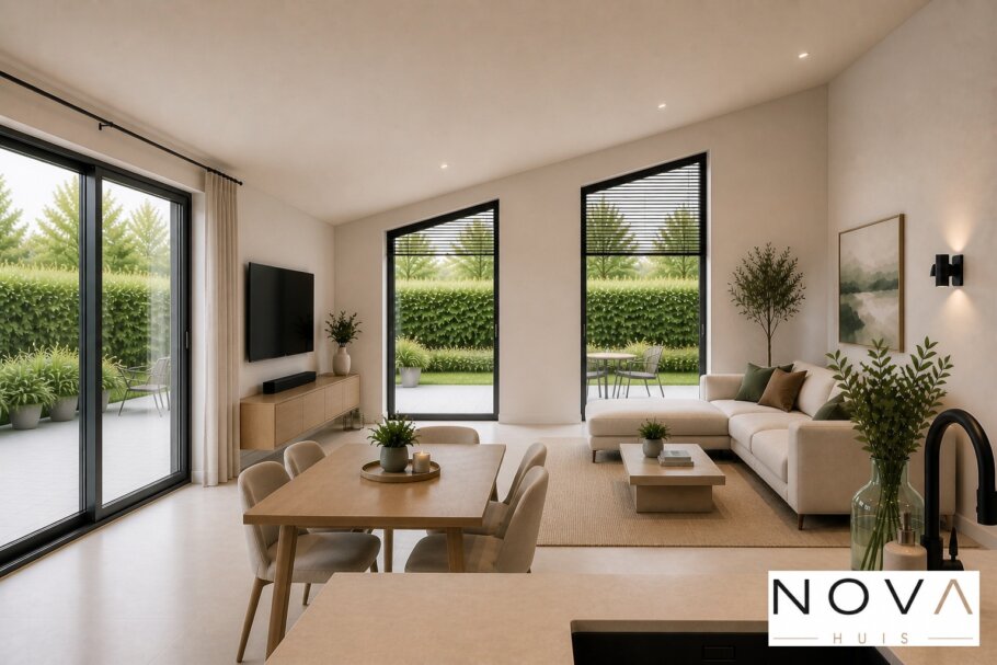 Modern interieur van levensloopbestendige woning A-136 met open keuken, eetkamer en woonkamer met grote glaspartijen