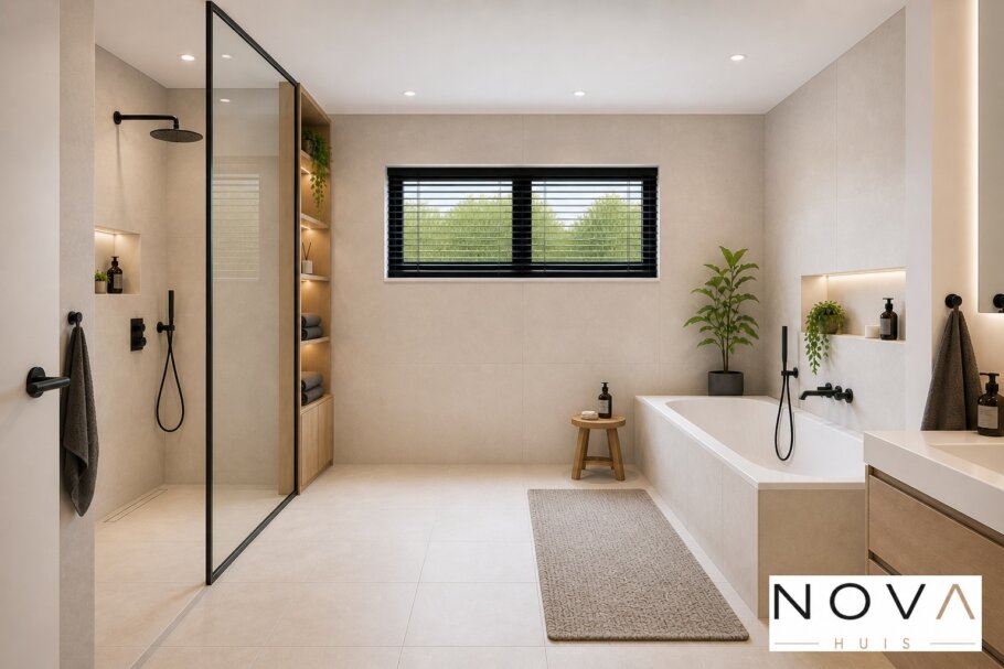 Modern interieur van levensloopbestendige woning A-136 met open keuken, eetkamer en woonkamer met grote glaspartijen