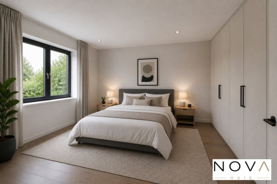 Modern interieur van levensloopbestendige woning A-136 met open keuken, eetkamer en woonkamer met grote glaspartijen
