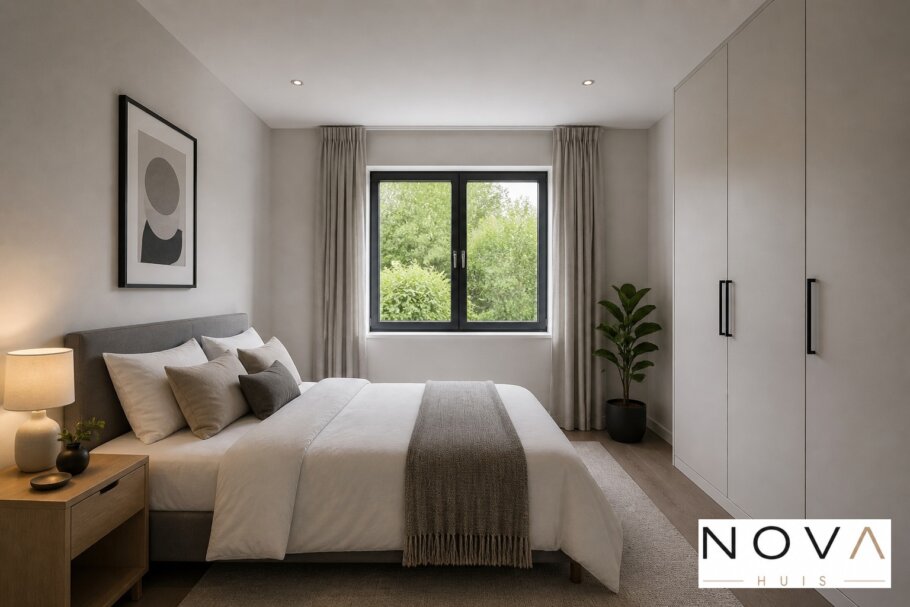 Modern interieur van levensloopbestendige woning A-136 met open keuken, eetkamer en woonkamer met grote glaspartijen