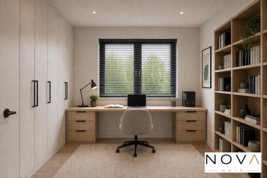 Modern interieur van levensloopbestendige woning A-136 met open keuken, eetkamer en woonkamer met grote glaspartijen