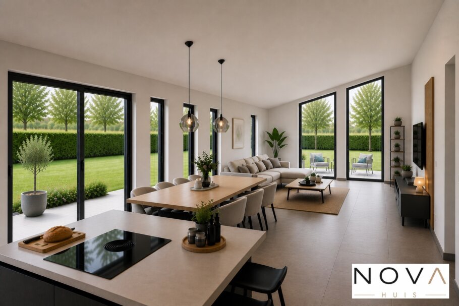 Modern interieur van levensloopbestendige woning A-136 met open keuken, eetkamer en woonkamer met grote glaspartijen