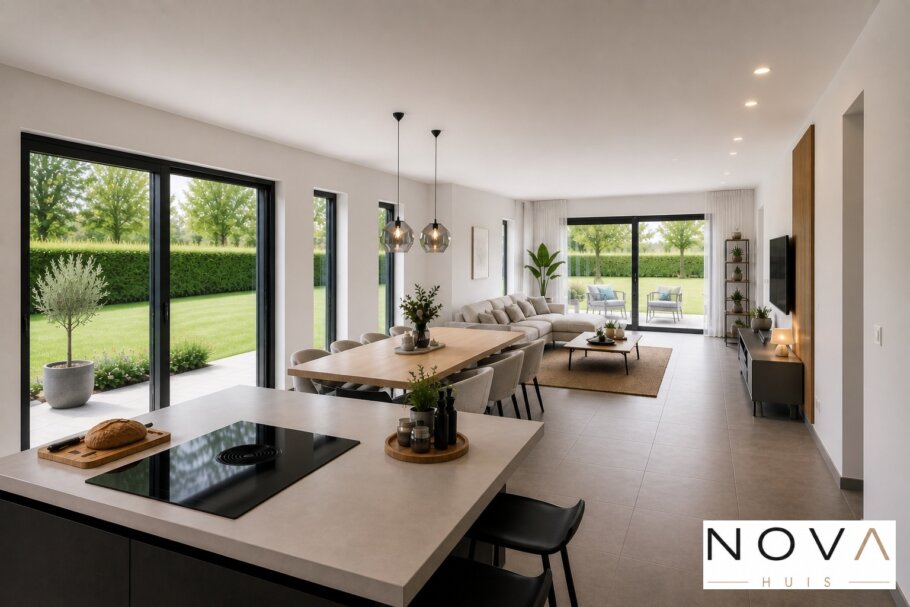 Modern interieur van levensloopbestendige woning A-136 met open keuken, eetkamer en woonkamer met grote glaspartijen