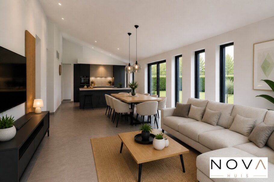 Modern interieur van levensloopbestendige woning A-136 met open keuken, eetkamer en woonkamer met grote glaspartijen