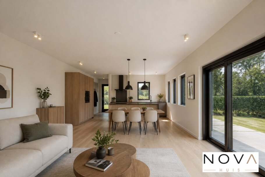Modern interieur van levensloopbestendige woning A-136 met open keuken, eetkamer en woonkamer met grote glaspartijen