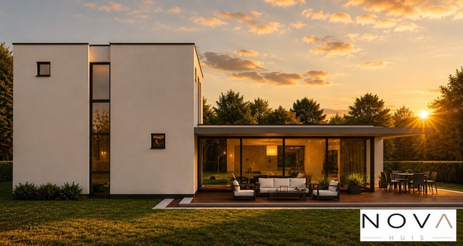 Moderne kubistische woning K-329 met plat dak, grote glaspuien en overdekt terras
