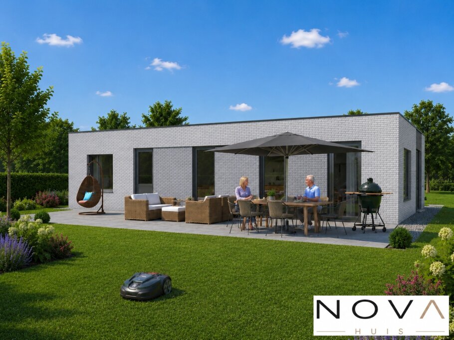 Moderne gelijkvloerse woning NOVA HUIS ontwerp A-180 met grote leefruimte en slaapkamer op de begane grond