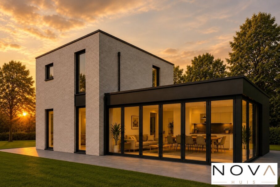 Moderne kubistische woning K-257 met plat dak, grote glaspartijen en levensloopbestendige indeling