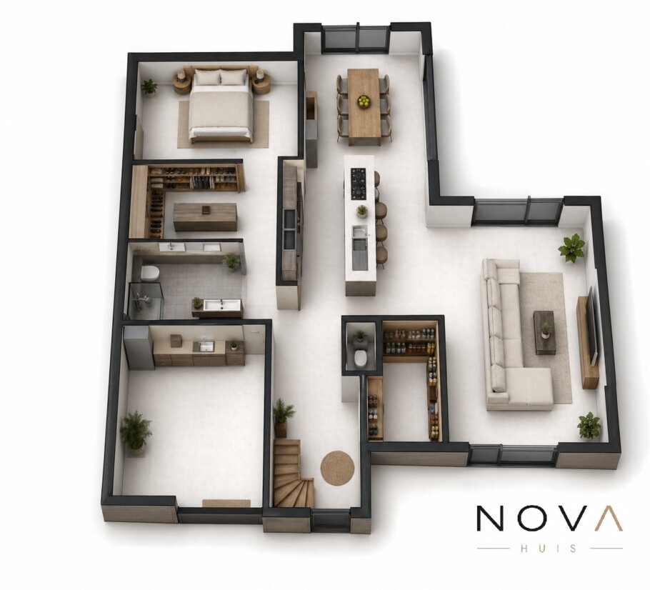 NOVA HUIS type 402 kubistische woning slaapkamer en badkamer beneden