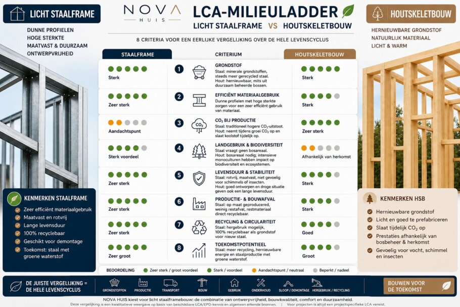 LCA-milieuladder staalframebouw versus houtskeletbouw met vergelijking van grondstoffen, CO₂, materiaalgebruik, levensduur en recycling