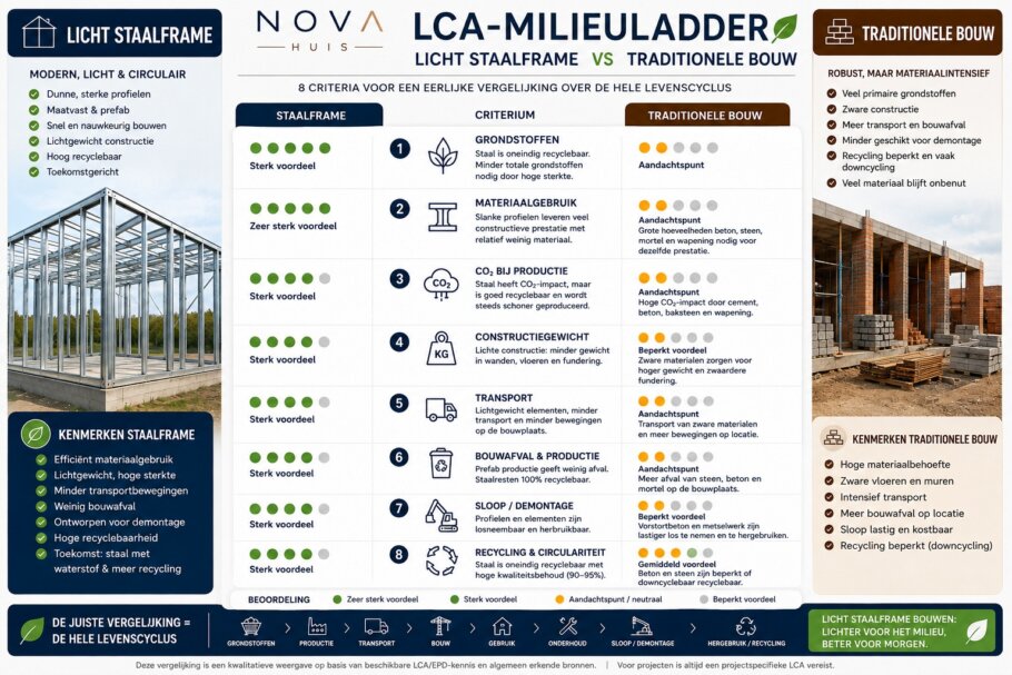 LCA-milieuladder staalframebouw versus traditionele bouw met vergelijking van grondstoffen, CO₂, materiaalgebruik, transport, bouwafval en recycling