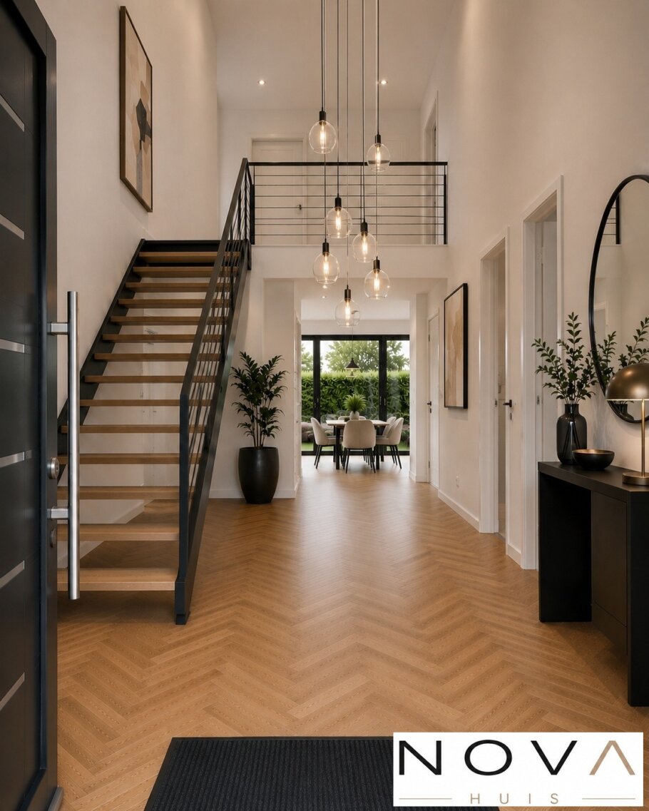 Modern interieur van kubistische woning K-387 met luxe woonkamer, leefkeuken, badkamer en slaapkamer