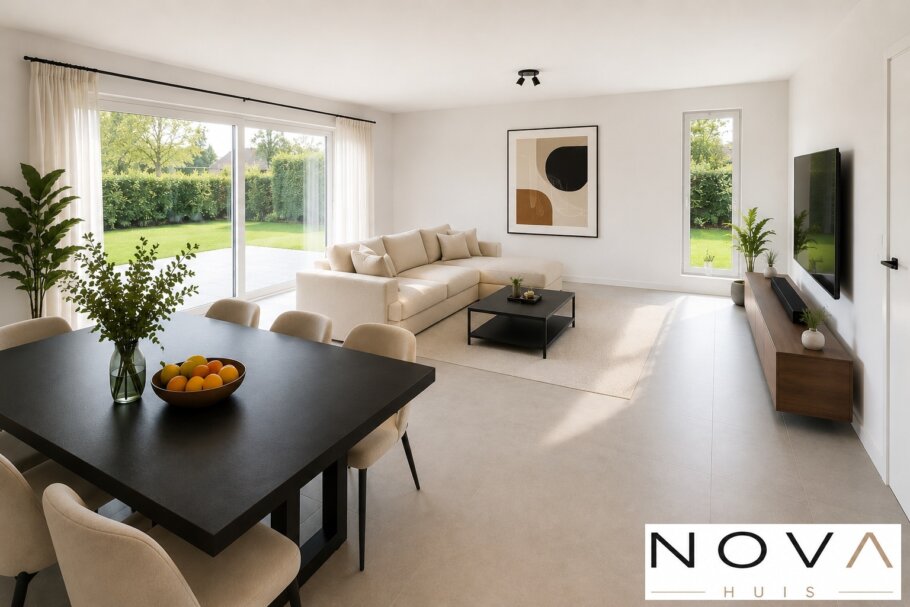 Modern interieur voor woning A-60 met woonkamer, leefkeuken, badkamer en comfortabele slaapkamers