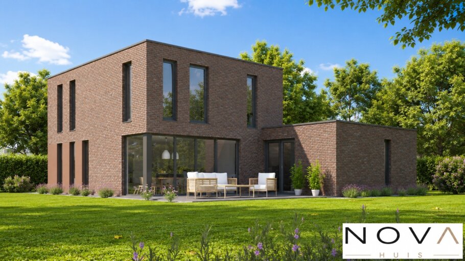 Moderne kubistische woning K-387 met plat dak, carport en levensloopbestendige indeling