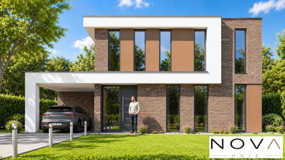 Moderne kubistische woning K-387 met plat dak, carport en levensloopbestendige indeling