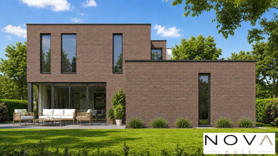 Moderne kubistische woning K-387 met plat dak, carport en levensloopbestendige indeling
