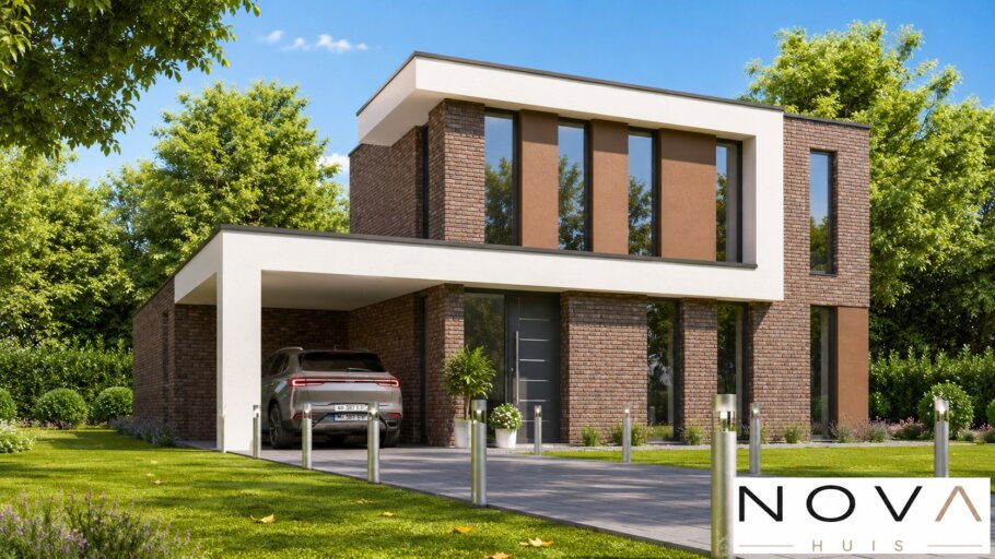 Moderne kubistische woning K-387 met plat dak, carport en levensloopbestendige indeling