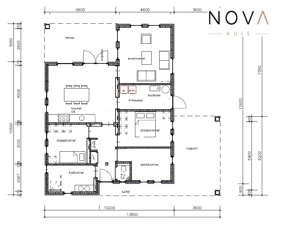 Plattegrond en indeling NOVA-HUIS type A166 gelijkvloers wonen