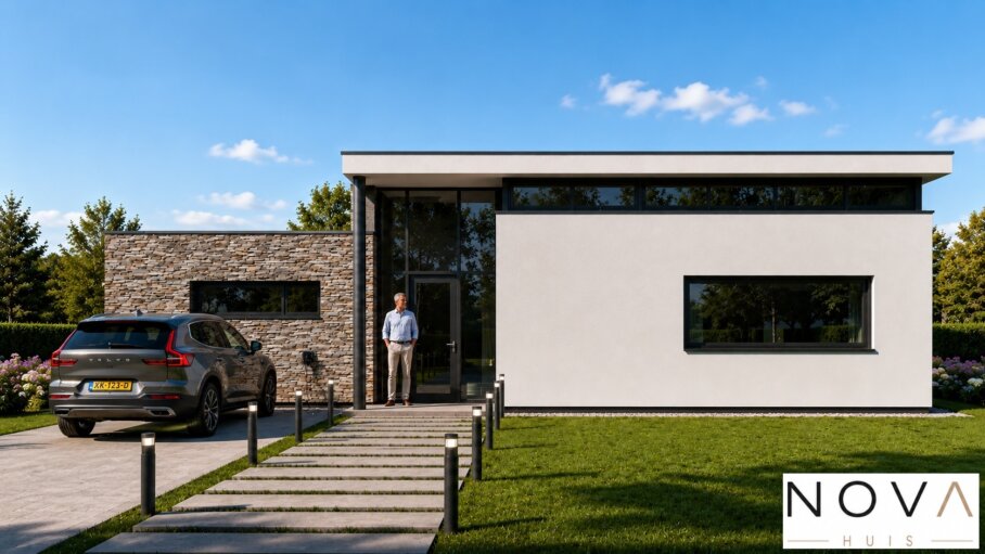 Modern interieur met verhoogde woonkamer en luxe leefkeuken