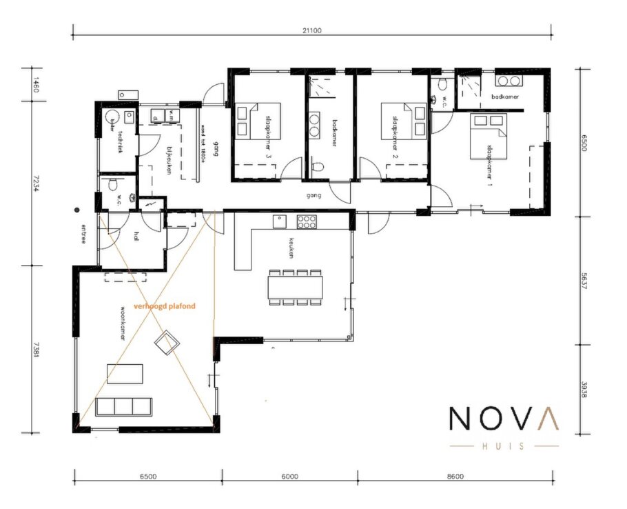 plattegrond en indeling  A-155 moderne gelijkvloerse woning met verhoogde woonkamer en bovenlichten