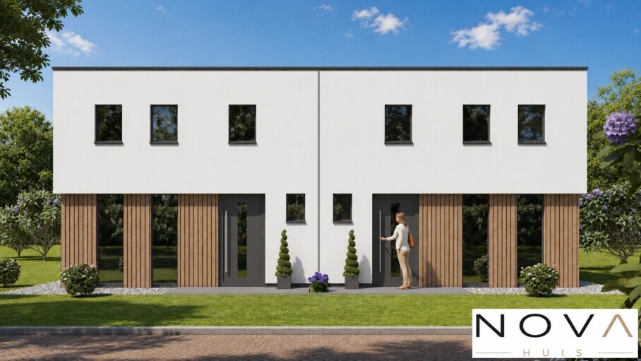 NOVAHUIS.nl TK48 moderne 2 onder 1 kap dubbele geschakelde woning met plat dak 